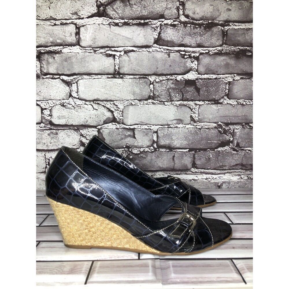 Brighton Riva Blue Croc Patent Leather Espadrille High Wedge Women Sz 9M US/40EU - Picture 3 of 16